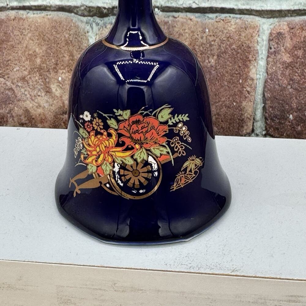 Vintage Cobalt‎ Blue Porcelain Hand Bell Floral Wagon Gold Trim - Picture 3 of 6